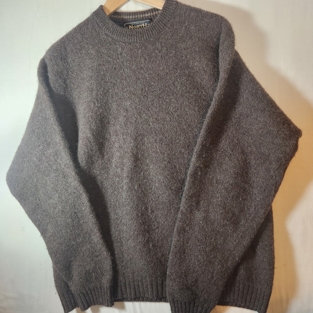 North Country Mens Brown 100% Shetland Wool Crewneck Sweater Large Vintage L